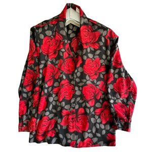 Liz Baker Woman Red Rose Floral Button Down Blouse Black Grey 22W Plus Size